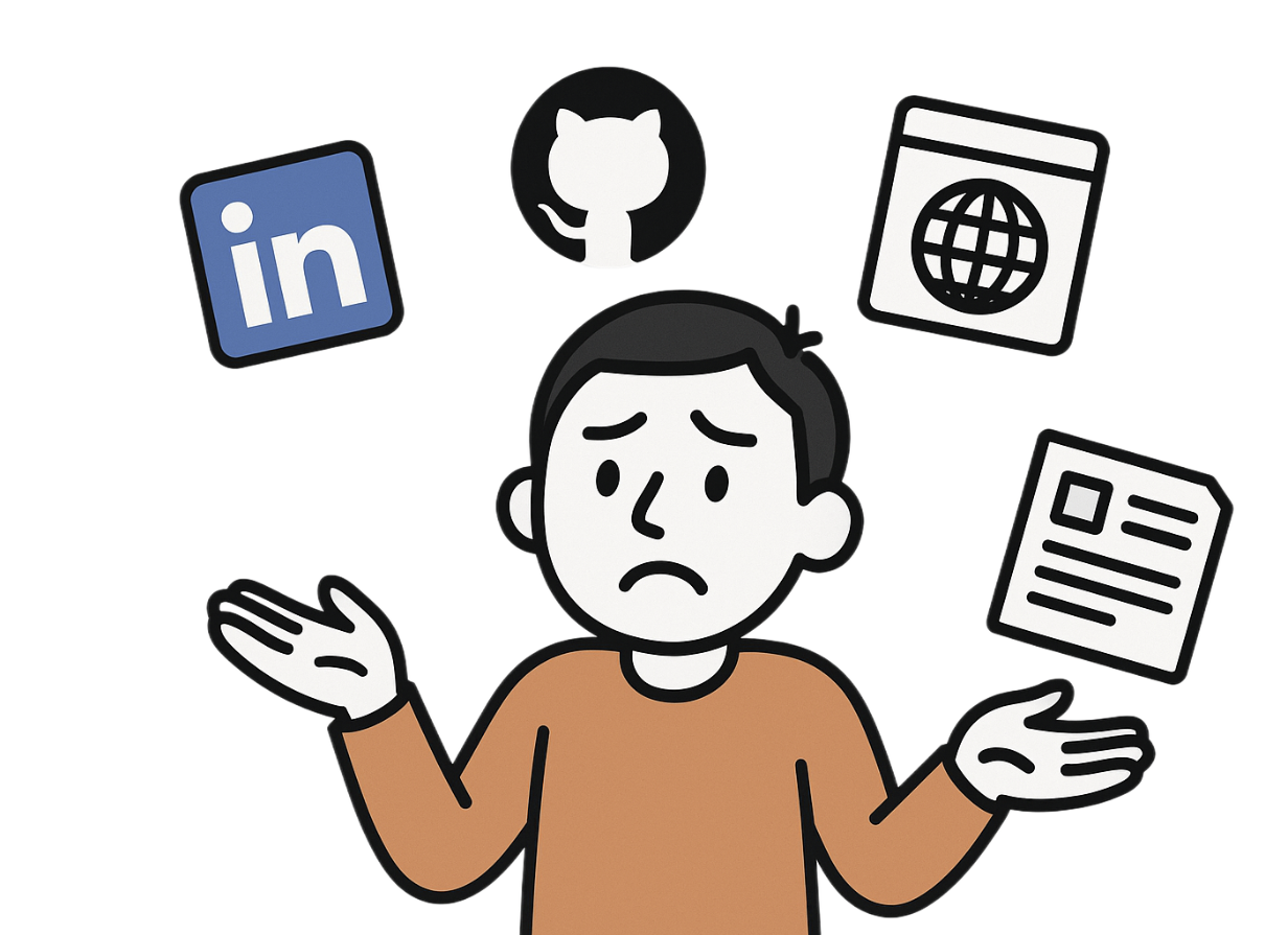 Overwhelmed developer surrounded by scattered platforms